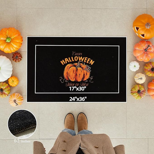 Halloween Door Mat, Halloween Pumpkin Doormat Outdoor Front Door Entrance Absorbent Entry Mat with Non Slip Backing, 24''x36'', Pumpkin Black