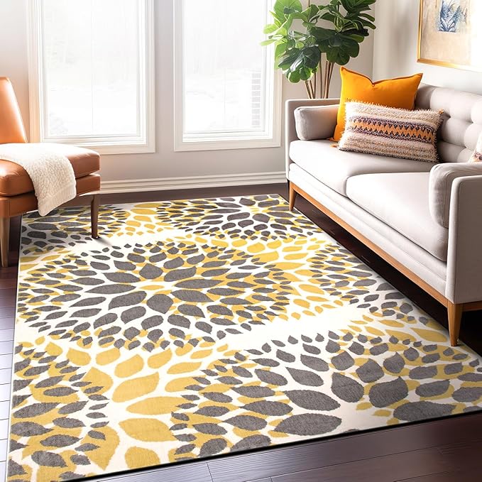 Rugshop Modern Yellow Floral Circles Design Area Rug – Elegant Non-Shedding, 10' x 14' for Living Room, Bedroom, Dining Room, Kitchen