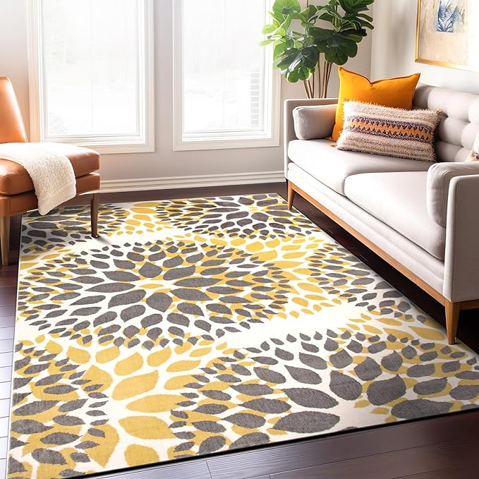 Rugshop Modern Yellow Floral Circles Design Area Rug – Elegant Non-Shedding, 6'6" x 9' for Living Room, Bedroom, Dining Room, Kitchen