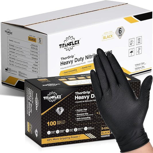 TitanFlex Heavy Duty Black Nitrile Gloves, Raised Diamond Texture, Latex Free, Powder Free Disposable Gloves (8Mil/6Mil)