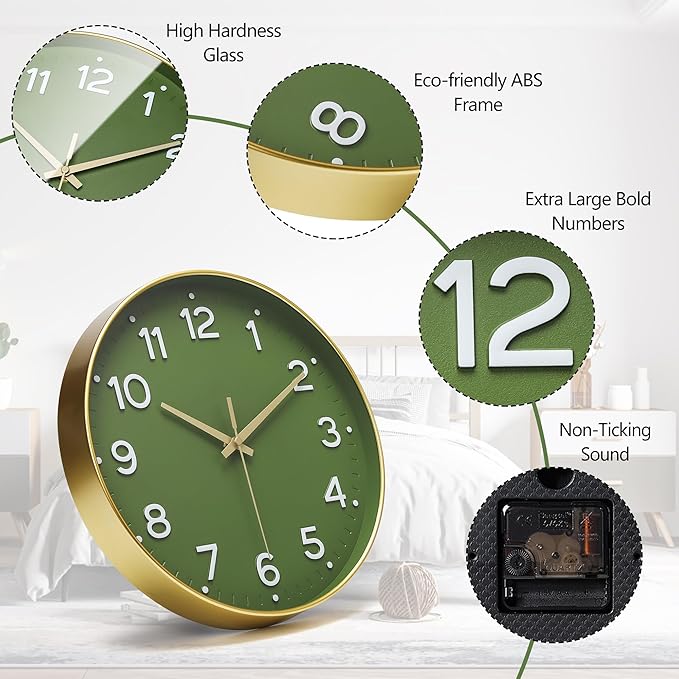 MEIRED Wall Clock 12 Inch Silent Non Ticking Battery Operated Round Wall Clock Modern Simple Style Decor Clock for Home/Office/School/Kitchen/Bedroom/Living Room, Olive Green and Gold