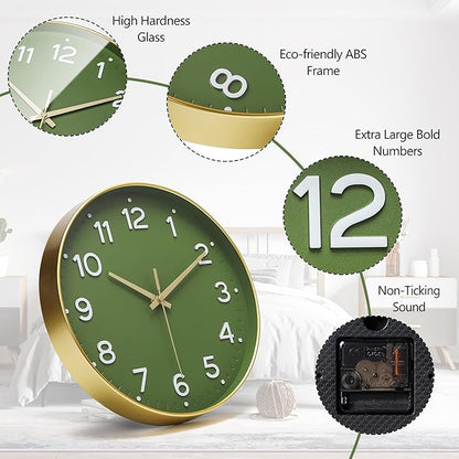 MEIRED Wall Clock 12 Inch Silent Non Ticking Battery Operated Round Wall Clock Modern Simple Style Decor Clock for Home/Office/School/Kitchen/Bedroom/Living Room, Olive Green and Gold