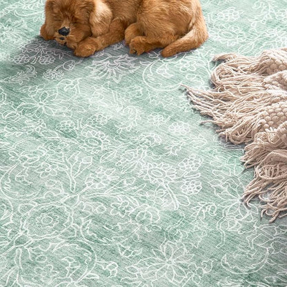 jinchan Runner Rug 2x5 Green Kitchen Rugs Hallway Runner - Machine Washable Vintage Floral Non-Slip,Low Pile Soft Ultra-Thin Distressed Carpet for Entryway Farmhouse Bedroom Laundry Room (2’x5’,Green)