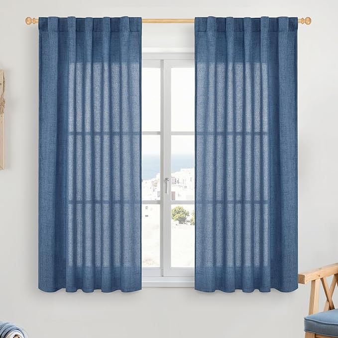 YoungsTex Navy Blue Linen Curtains 45 Inch Length, Short Semi Sheer Drapes with Rod Pocket Back Tab Light Filtering Privacy for Bathroom Living Room Window, 2 Panels, 42 X 45 Inch