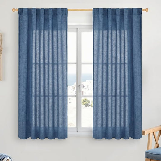 YoungsTex Navy Blue Linen Curtains 45 Inch Length, Short Semi Sheer Drapes with Rod Pocket Back Tab Light Filtering Privacy for Bathroom Living Room Window, 2 Panels, 42 X 45 Inch