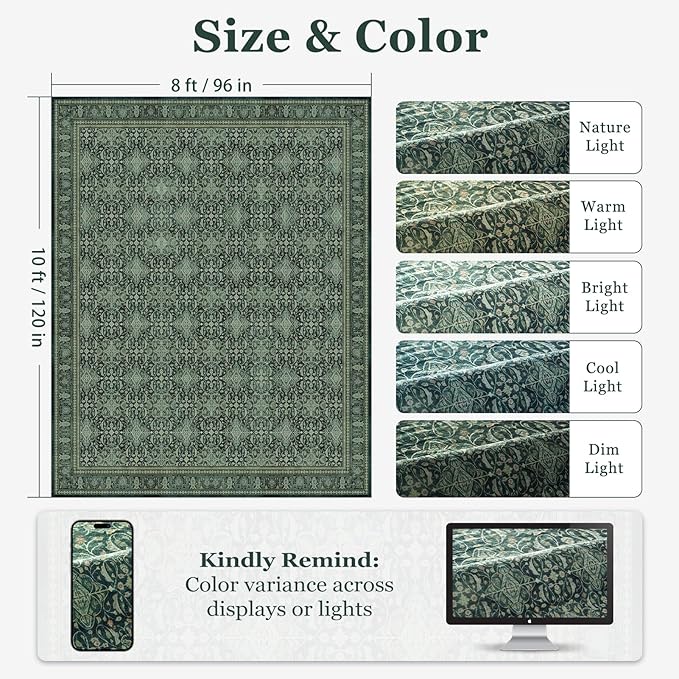 Jainmy Washable Rugs 8x10 Dark Green, Floral Moroccan Pattern Printed Vintage Boho Styler for Living Room Bedroom, Non Slip Low Pile Thin Carpet Rug for Dining Room Guest Room Office