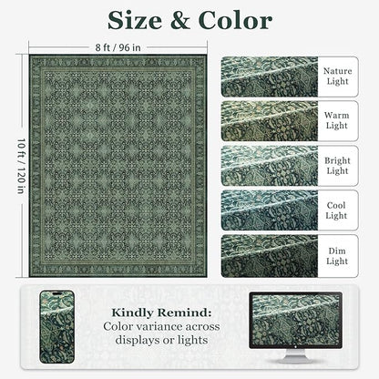 Jainmy Washable Rugs 8x10 Dark Green, Floral Moroccan Pattern Printed Vintage Boho Styler for Living Room Bedroom, Non Slip Low Pile Thin Carpet Rug for Dining Room Guest Room Office