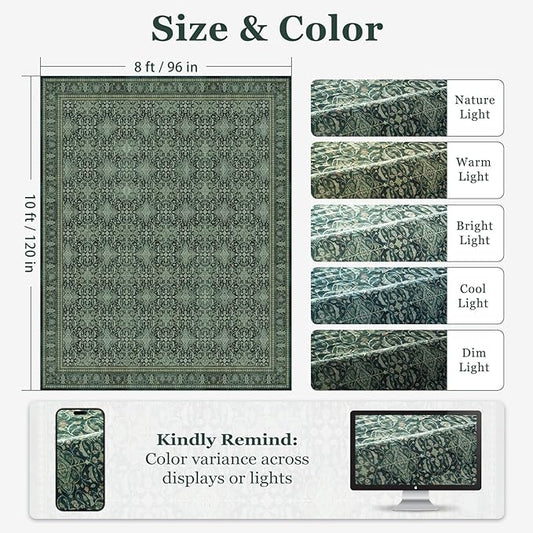 Jainmy Washable Rugs 8x10 Dark Green, Floral Moroccan Pattern Printed Vintage Boho Styler for Living Room Bedroom, Non Slip Low Pile Thin Carpet Rug for Dining Room Guest Room Office