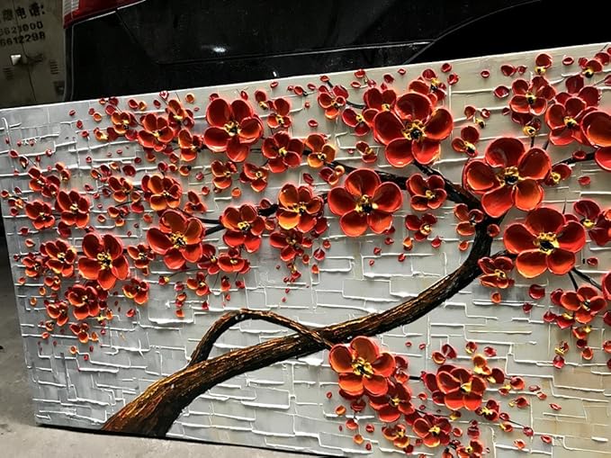 YaSheng Art -Large Size hand-painted Oil Painting On Canvas Texture Palette Knife Red Flowers Paintings Modern Home Decor Wall Art Painting Colorful 3D Flowers Tree Paintings Ready to hang 24x60inch