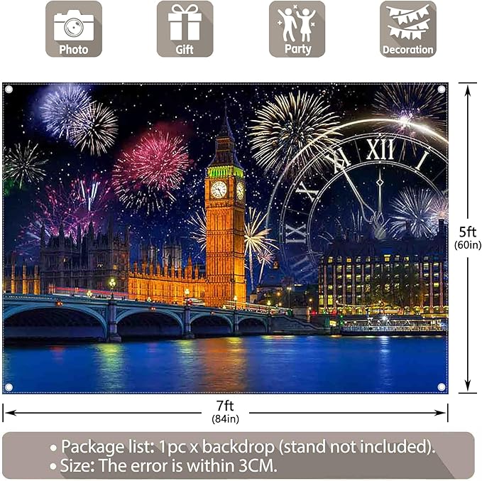 7x5ft Fabric New Year Fireworks Backdrop London City Night Scenery Countdown Clock Photography Background Family Holiday Party Decorations Photo Banner Props