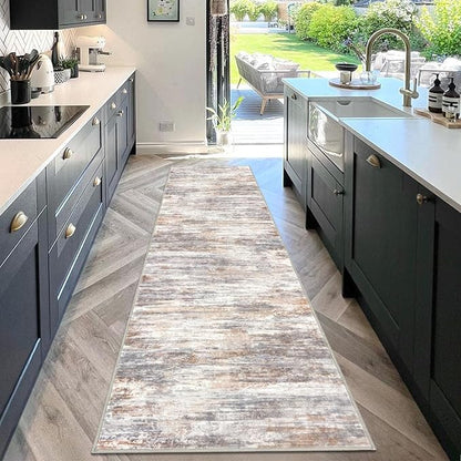 KOZYFLY Modern Abstract Washable Rug Runner 2.6x10 Hallway Rug Runner Non-Slip Soft Kitchen Runner Rugs, Multi Grey Striped Carpet for Entryway Bathroom Laundry Room Foyer