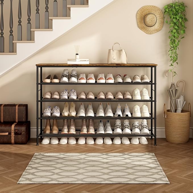 Shoe Rack 5 Tier Shoe Storage Organizer Metal Mesh Shelves with MDF Top Board for Entryway, Hallway, Closet,Bedroom，Living Room (Black+Rustic Brown, Large 5 Tier)