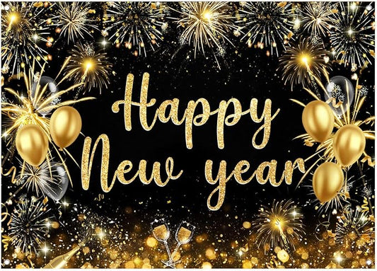 AIIKES 82.6x59 Inches Happy New Year Backdrop Gold Fireworks New Year Party Decoration XY238