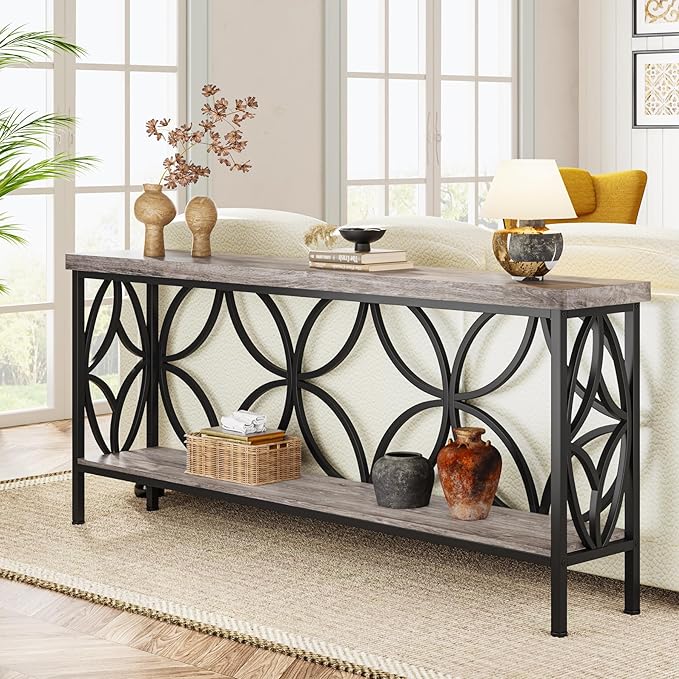 LITTLE TREE Sofa Table, 70.9 Inch Industrial Behind Couch Table with Storage Shelves, Narrow Long Console Table for Entryway, Living Room, Foyer, Hallway, Office