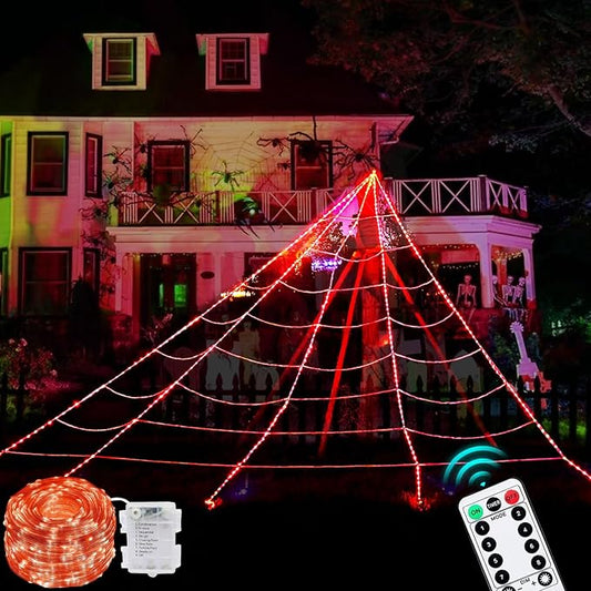 390 LED Halloween Spider Web Lights Decor, 5m Giant Net Lights with 26m Light Chain & Remote Control (8 Light Modes & Timer), Decoration for Garden Indoor Outdoor, Red