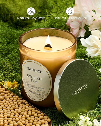 M&SENSE English Tea Soy Candle, Cracking Wooden Wick 18oz 100 Hours Long Lasting Clean Burn, Large Jar Winter Aromatherapy Candle for Home Decor, Non-Toxic Relaxing Gifts for Women