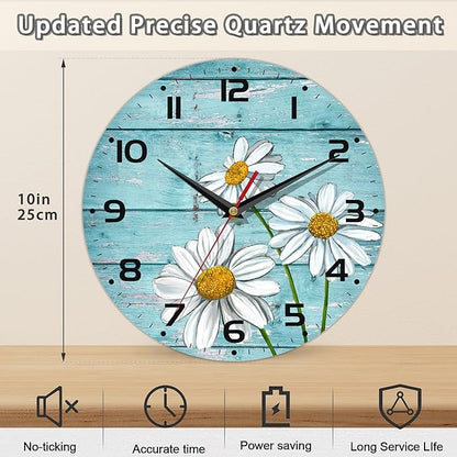 Daisy Flowers Wall Clock Vintage Wooden Wall Clock Silent Non-Ticking Battery Operated Arabic Numerals Wall Clocks Decorative for Kitchen, Office, Classroom 10 Inch