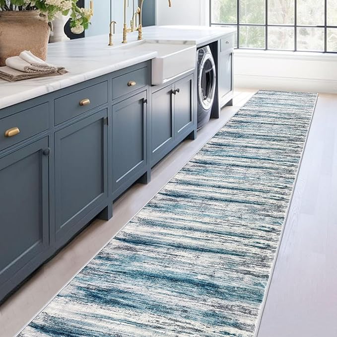 KOZYFLY Modern Abstract Hallway Runner Rug, 2.6x18 Washable Rug Runner Non-Slip Soft Striped Kitchen Runner Rugs, Print Blue Carpet Runner for Entryway Bathroom Laundry Room Foyer