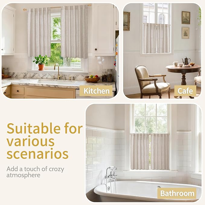 YoungsTex Short Linen Curtains 40 Inch Length for Kitchen Window Over Sink, Semi Sheer Cafe Drapes Light Filtering with Rod Pocket Back Tab for Bathroom, 42 X 40 Inch, 2 Panels