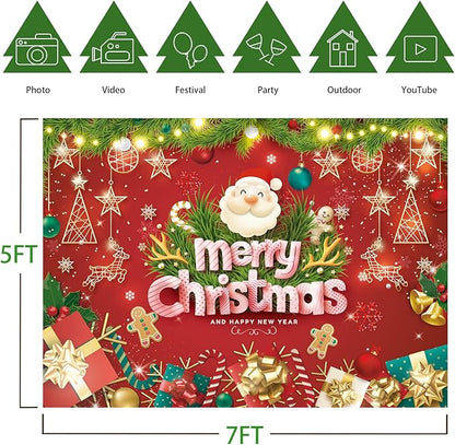 7x5FT Merry Christmas Banner - Santa Claus & Reindeer Background - Red Xmas Party Backdrop for Kids