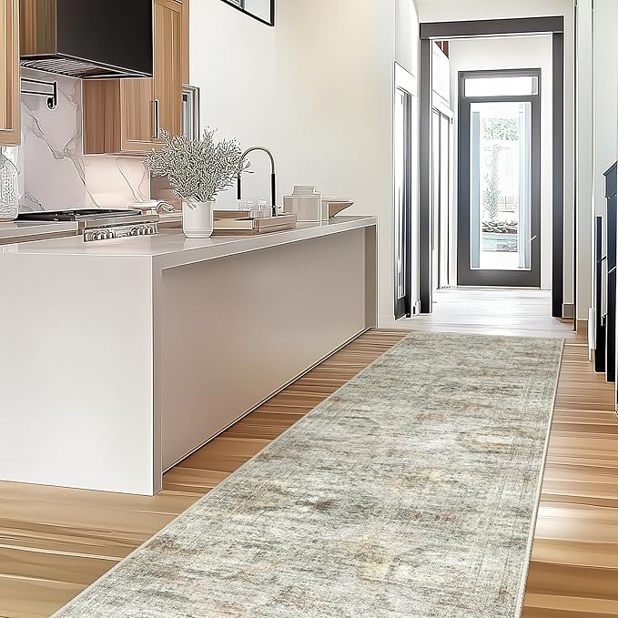Kitchen Runner Rugs Non Skid Washable - 2.5 x 10 Runner Rug with Anti Slip Backing, Ultra-Thin Soft Rug Runner for Hallway, Bedroom, Living Room (2'x10', Grey/Rust)