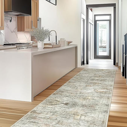 Kitchen Runner Rugs Non Skid Washable - 2.5 x 10 Runner Rug with Anti Slip Backing, Ultra-Thin Soft Rug Runner for Hallway, Bedroom, Living Room (2'x10', Grey/Rust)