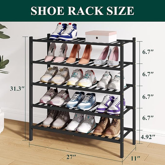 Smiry Bamboo Shoe Rack for Closet, 5 Tier Wooden Stackable Shoe Organizer, Free Standing Shoes Storage Shelf for Entryway, Front Door Entrance, Black