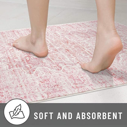 KUTA Vintage Washable Runner Rug, 2x6 Pink Runners for Hallways Non-Slip Floral Kitchen Rugs Ultra Soft Printed Distressed Floor Carpet for Laundry Bedroom Living Room Nursery