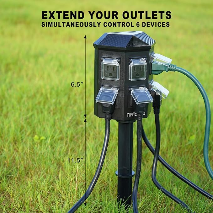 Outdoor Power Strip Weatherproof, 25 FT Extension Cord with Stake, 6 Grounded Outlets for Halloween/Christmas Decorations and Inflatables, 15A/1875W, ETL Listed
