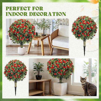 24" Artificial Topiary Ball Tree with Flower Set of 2,Outdoor Fake Topiary with Ground Spike,UV Resistant Faux Artificial Plant Bushes for Indoor Outdoor Front Porch Garden Decor(Dark Red)