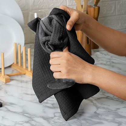 Blue Needles Waffle Weave Kitchen Towels, 15x25 Inches 100% Cotton Set of 6 Dish Towels for Kitchen, Ultra Soft & Absorbent with Hanging Loop, Spring Summer Dish Rags for Quick Drying - Black