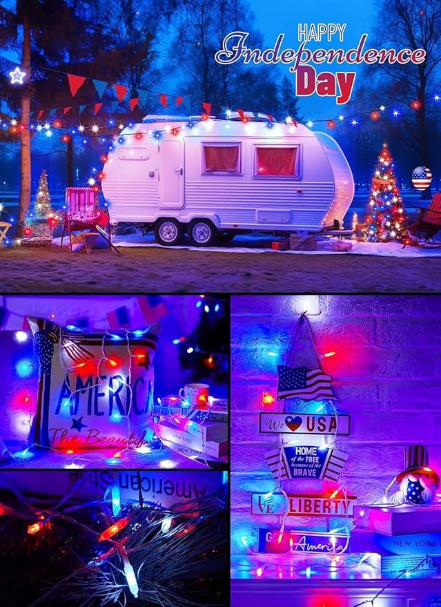 Battery Operated Independence Day String Lights - 8ft 20 LED 4th of July Decoration Patriotic Mini Lights with Timer, Waterproof for Indoor Outdoor Bedroom Wedding Party Holiday（Red White Blue）
