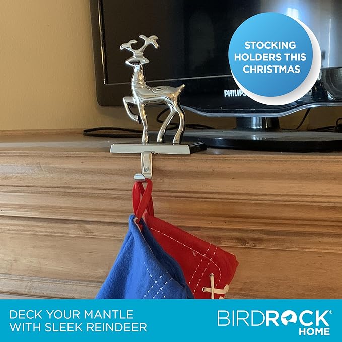 BIRDROCK HOME Christmas Stocking Holders for Mantle - Weighted Metal Hanger for Stockings & Holiday Decor - Sturdy Metal Hook for Fireplace, Staircase & Shelf - Non-Scratch Base - Reindeer