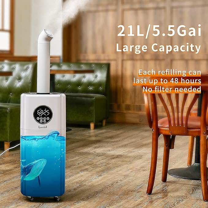 Humidifiers for Large Room Whole House Humidifier for Home 2000 sq.ft, 5.5Gal Cool Mist Top Fill Humidifier Floor Humidifier 21L 2000ML/H Dual 360° Nozzles 3 Speed