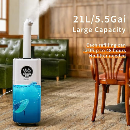 Humidifiers for Large Room Whole House Humidifier for Home 2000 sq.ft, 5.5Gal Cool Mist Top Fill Humidifier Floor Humidifier 21L 2000ML/H Dual 360° Nozzles 3 Speed