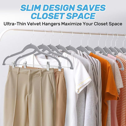 Velvet Pants Hangers 20 Pack with Adjustable Clips, Space-Saving Slim Flocked Hangers, Heavy Duty & Non-Slip Felt Clothes Hangers for Pants, Skirts, Dresses, and Jeans(Grey)