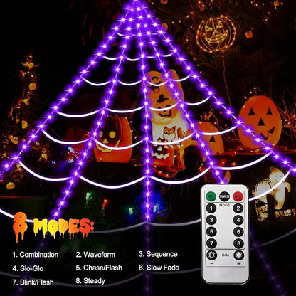 Spider Webs Halloween Decorations,16.4Ft 8Modes Super Bright 250LED Halloween Lights with Remote Control,49'' Giant Glowing Super-Realistic Spider,Halloween Decorations for Yard,Outside