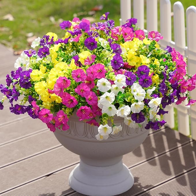 Artificial Flowers Fake Plants for Outdoors Decoration, 12 Bundles Silk Morning Glory with Eucalyptus Realistic UV Resistant Faux Flowers for Outside Planter Porch Yard Patio Garden Home Indoor, Mix