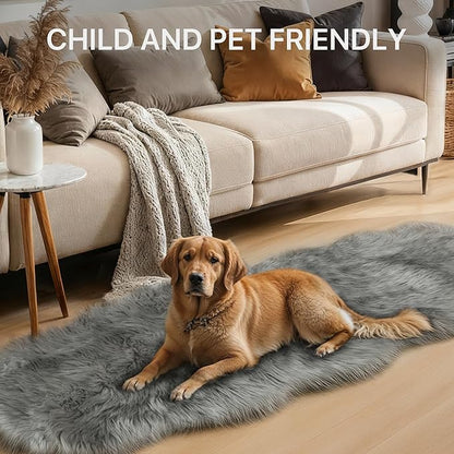 GENIMO 2x3 Fluffy Faux Fur Rug, Ultra Soft Shaggy Sheepskin Rug, Area Rugs for Bedroom, Living Room, Home Office, Light Grey