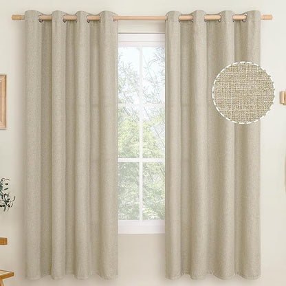 LAMIT Natural Linen Thermal Curtains for Bedroom, 72 inches Grommet Thick Light Reducing Curtains Light Filtering Window Panels for Living Room/Farmhouse, Set of 2 Panels, W52 x L72, Camel