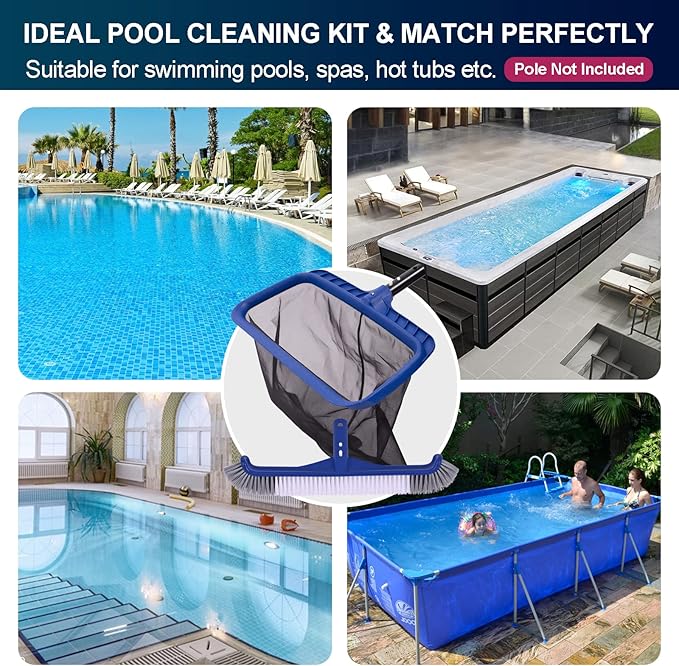 Fine Mesh Pool Net & Brush Head Combo - Sturdy Skimmer with 17.5" Professional Brushes for Pool Wall Cleaning