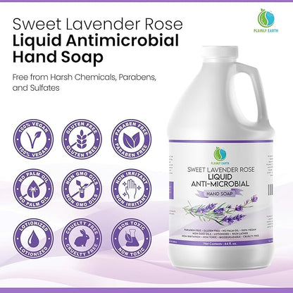 AntiMicrobial Hand Soap 64 oz - Soft and Gentle Sweet Lavender Rose Antibacterial Hand Wash Soap, Long Lasting Freshness & Safe for Skin - Eco Friendly Bulk Refill Packaging