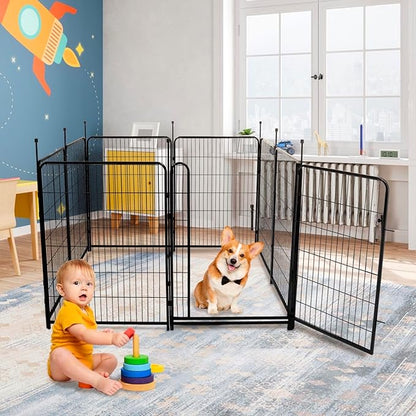 Tall Garden Fences and Borders for Dogs, 48 inch High Garden Fence, 8 Panels Total 17.7 Ft, 21 in Wide Low Threshold Gate. Modular Fencing, Dog Fence Outdoor for Yard. Vegetable Garden Fence