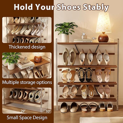 Free Standing Shoe Rack & Closet Shoe Shelf, for Entryway Small Space, Front Door, Garage, 4-Tier Slanted, Solid Wood & Acrylic Frame with Top Shelf Storage