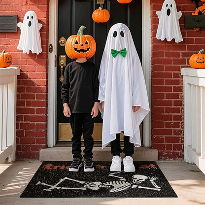 Halloween Door Mat, Halloween Doormat Outdoor Front Door Entrance Absorbent Entry Mat with Non Slip Backing, 17''x30'', Skeleton Black