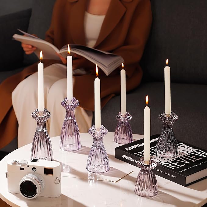 Lysenn Glass Candle Stick Holder Set of 6 – Premium Taper Candle Holders for Romantic Ambiance - Candle Sticks Holder Decor for Special Occasions - Purple