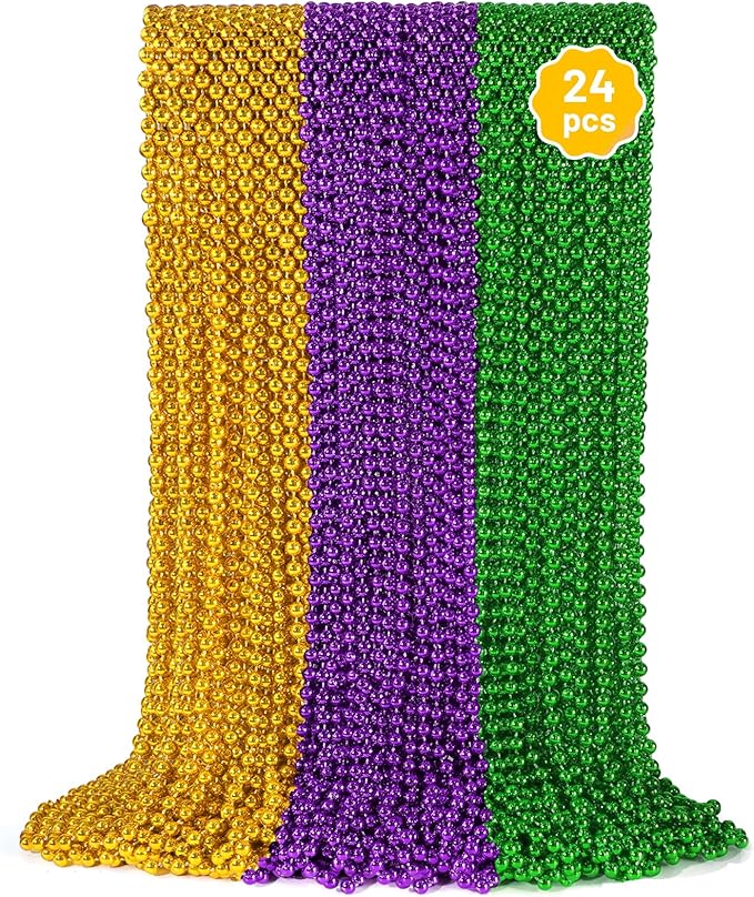 24 PCS Mardi Gras Beads Necklaces, Gold Green Purple Metallic Bead Necklaces 33” Mardi Gras Beads Necklaces Accessories Bulk Party Beads Necklaces for Mardi Gras Party, Throw Beads Party Favors