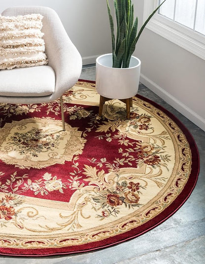 Unique Loom Versailles Collection Traditional Classic Floral Motif Area Rug (5' 0 x 5' 0 Round, Burgundy/Ivory)