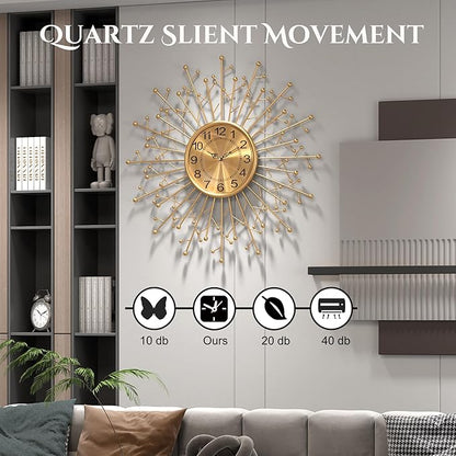 Large Modern Gold Wall Clock Decorative Mid Century Sunburst Branch Wall Clocks, Minimalism Metal Big Silent Clock, Luxury Home Gift Decor for Living Room, Bedroom, Dining Room, 28 inch