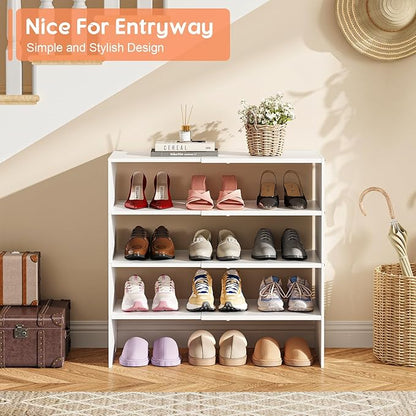 2 Pack Expandable White Shoe Rack Organizer for Closet, 2-Tier Stackable Shoe Storage Shelf, Small Iron Wood Combination Shoe Shelves for Closets,Entryway,Front Door, Narrow Space,Hallway,15-24 Pairs